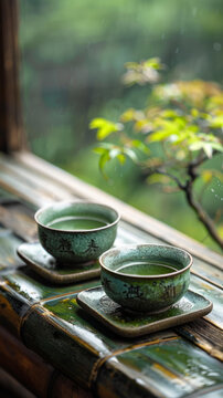 雨中竹窗上的兩只青瓷茶杯