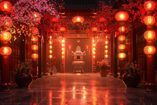 紅燈籠和櫻花盛開的中國庭院