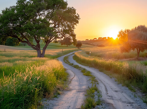 夕陽下穿過草地中央的泥土路和左側(cè)的大樹