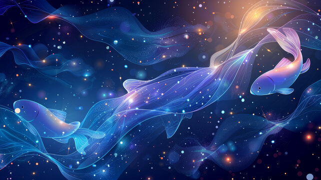 雙魚座的，兩只用線條勾勒的魚在星空中遨游，周圍有星星和彩色的光帶