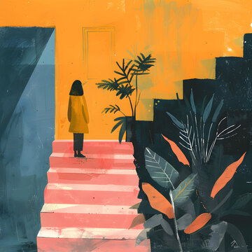 女人站在樓梯上，背景是植物
