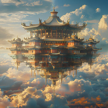 一座中國(guó)宮殿漂浮在天空中的插圖
