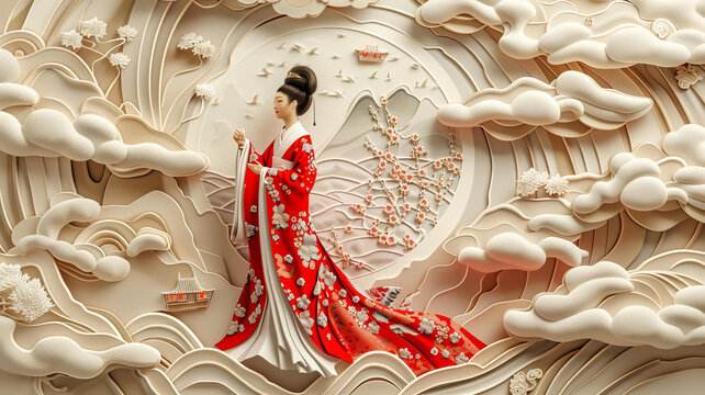 身穿紅色漢服的中國古代仕女圖