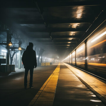 夜幕下火車站臺(tái)上的孤獨(dú)背影