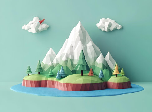 低多邊形山脈景觀與云朵和樹木