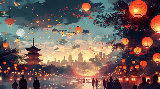 夜空飄燈籠的人群