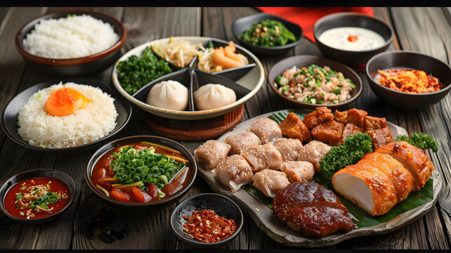 木桌上擺放著美味的中國(guó)菜肴