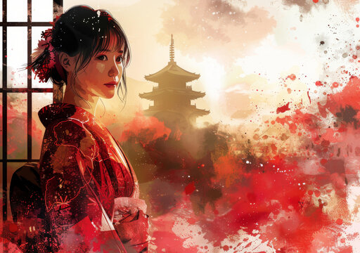 身穿和服的日本女子站在寺廟前，背景為紅色和橙色