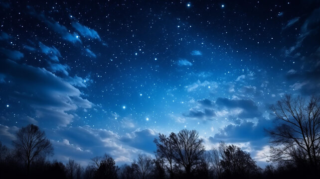 夜空繁星點點云朵朵朵樹木剪影