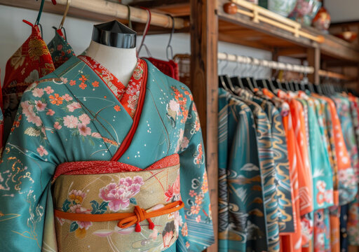 一間店鋪里展示的花卉圖案和服