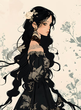 黑色長發(fā)穿著花卉圖案連衣裙的女性