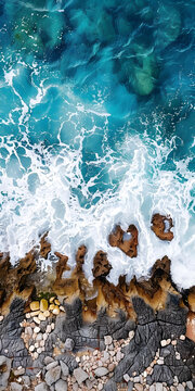 海浪拍打巖石海岸的航片