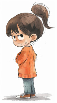 一個(gè)小女孩棕色的頭發(fā)穿著橙色的運(yùn)動(dòng)衫