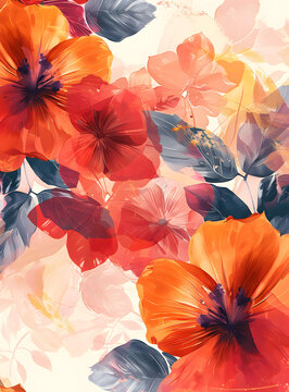紅色和橙色的芙蓉花朵，帶灰色葉子，奶油色背景