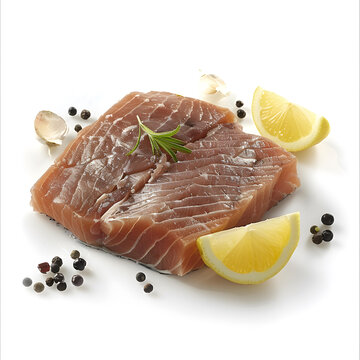 新鮮三文魚魚片配香料和檸檬