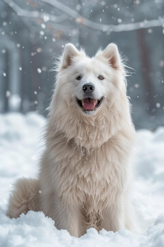 薩摩耶犬雪地微笑
