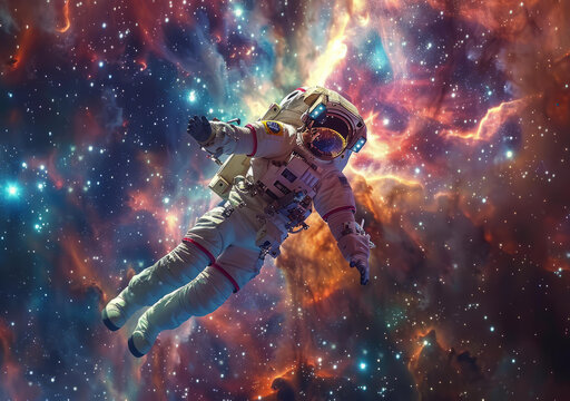 身穿宇航服的宇航員在浩瀚的太空中漂浮