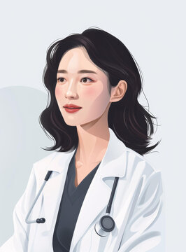 一位年輕的亞裔女醫(yī)生身穿白大褂戴著聽診器