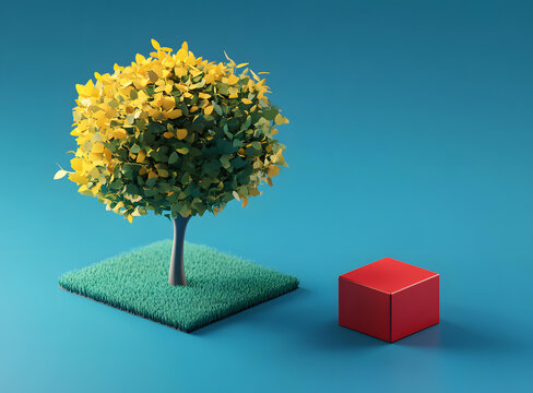 3D渲染簡約樹木草地與紅色方塊