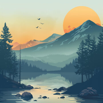 寧靜的黃昏籠罩著朦朧的山脈和靜謐的湖泊