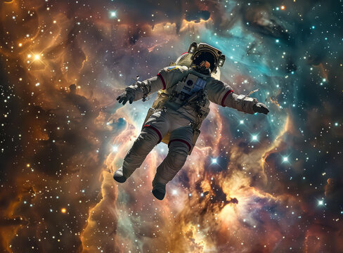 身穿宇航服的宇航員在浩瀚的太空中遨游