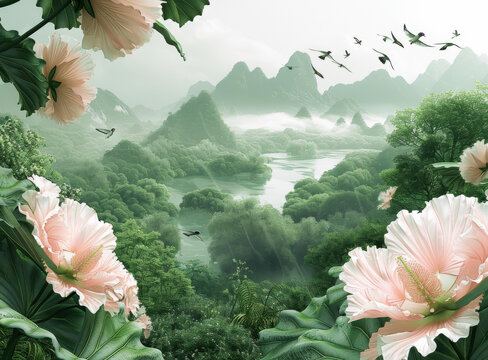 山間粉花綠葉