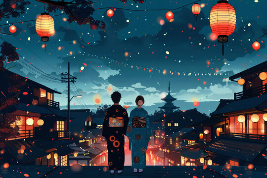 夜幕下的都市屋頂上穿著和服的夫婦