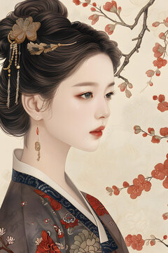 身穿粉色花朵和服飾的中國(guó)古代仕女