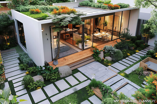 屋頂花園和石板路的小型庭院住宅