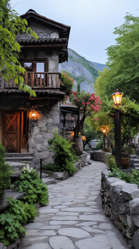 山村石屋與樹(shù)木和鮮花