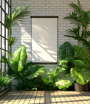 白色磚墻綠色植物和模版海報背景