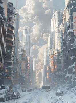 冰雪覆蓋的未來城市街道
