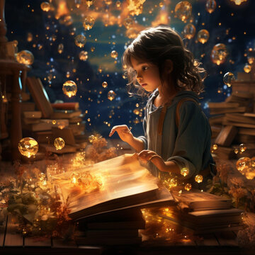 小女孩在童話世界里讀魔法書
