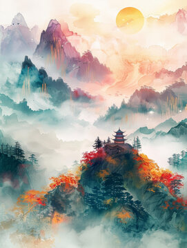寧靜的山間寺廟日落