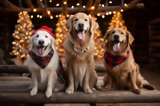 三只金毛犬的圣誕裝扮