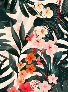 熱帶花卉圖案粉色白色橙色花朵