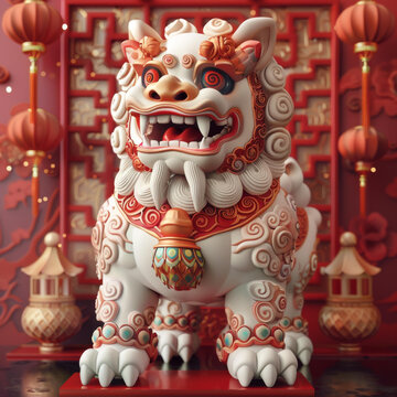 中國石獅子3D渲染 紅色及金色裝飾
