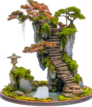 [免摳素材]微型盆景景觀，石頭臺階和水