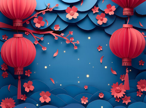 紅色剪紙中國風(fēng)燈籠和花朵
