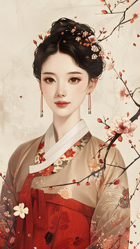 身著傳統(tǒng)韓服的美麗亞洲女性與櫻花