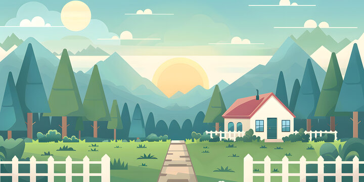 山間綠樹小屋風(fēng)景
