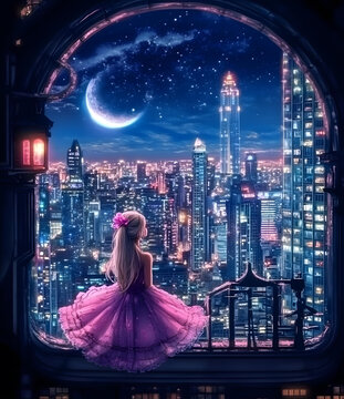 夜空中女孩在窗口欣賞城市夜景