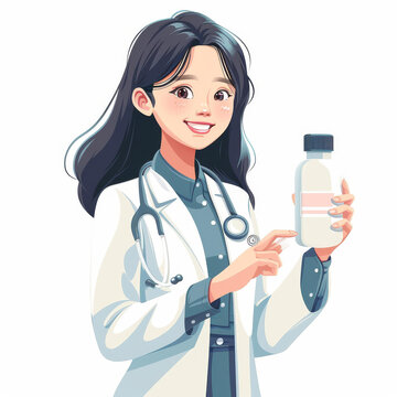 一位身穿白大褂的女醫(yī)生手持一瓶藥