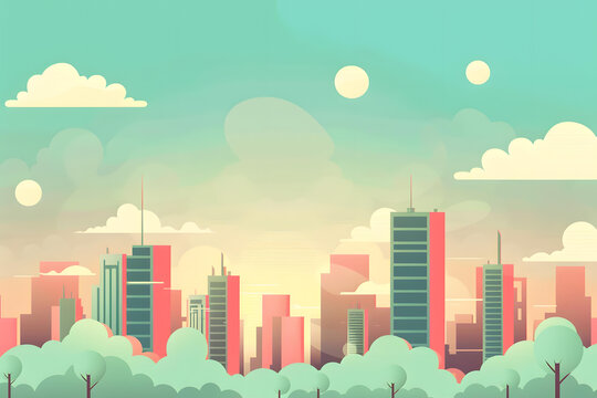 卡通城市天際線日落風(fēng)景
