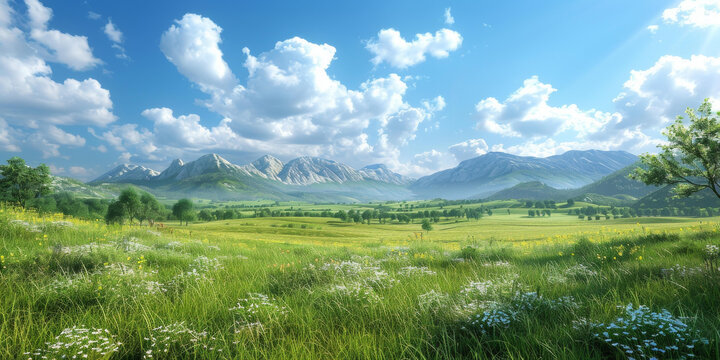 美麗的自然風(fēng)光綠油油的草地和遠(yuǎn)處的山脈