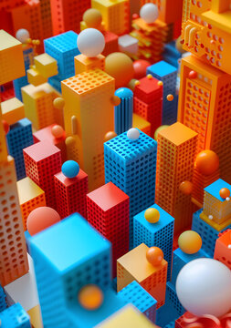 五顏六色的幾何形狀的3D渲染城市