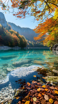 秋葉飄落清澈湖面山景