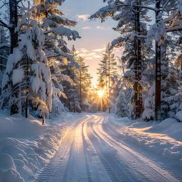 冬季森林雪路夕陽