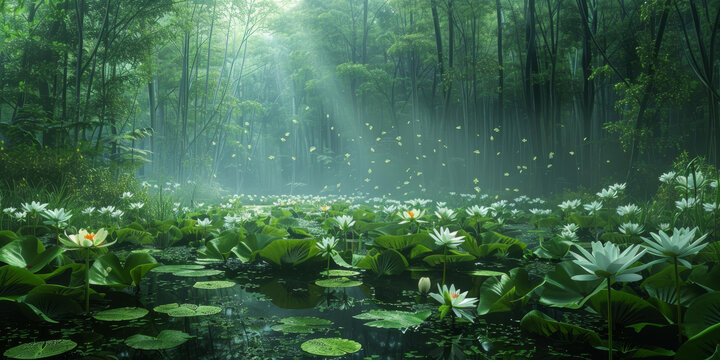 迷霧竹林荷花池
