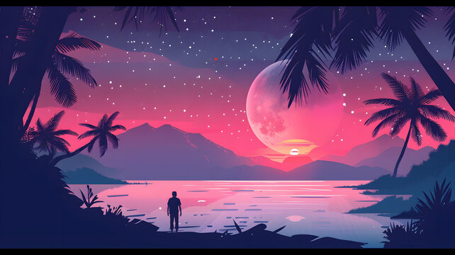 夜晚粉色月亮下的海邊剪影